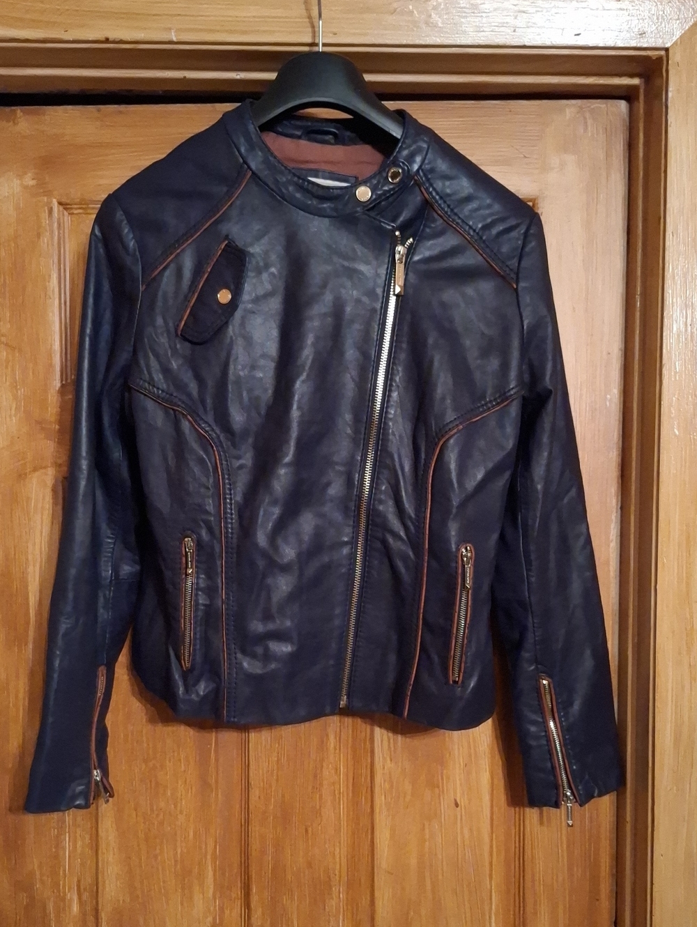 Michael Kors Navy Faux Leather Moto Jacket with Tan Contrast Trim
